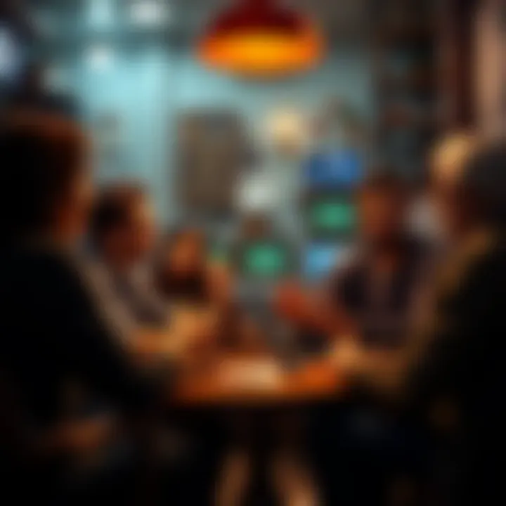 A small group of people engaged in a discussion about cryptocurrency in a cozy setting, illustrating meaningful interactions.