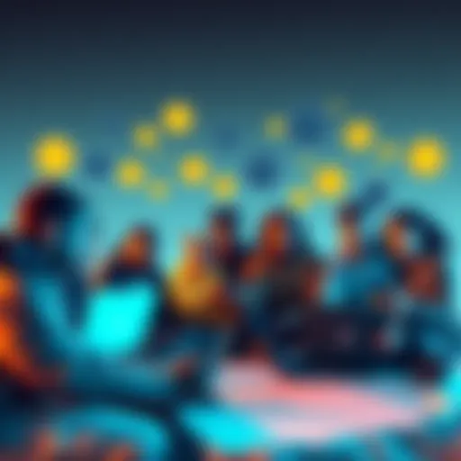 A diverse group of people brainstorming ideas for a stateless society in Greenland using smartphones and laptops with cryptocurrency symbols and AI graphics around them.