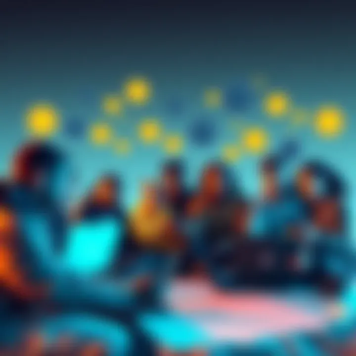 A diverse group of people brainstorming ideas for a stateless society in Greenland using smartphones and laptops with cryptocurrency symbols and AI graphics around them.