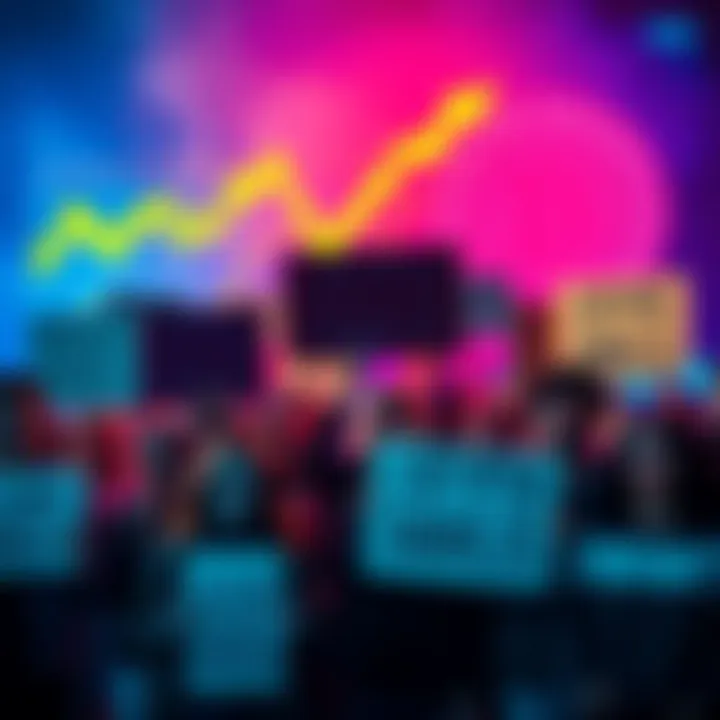 A group of diverse people holding signs demanding a crypto short squeeze, with a bullish market trend displayed in the background.
