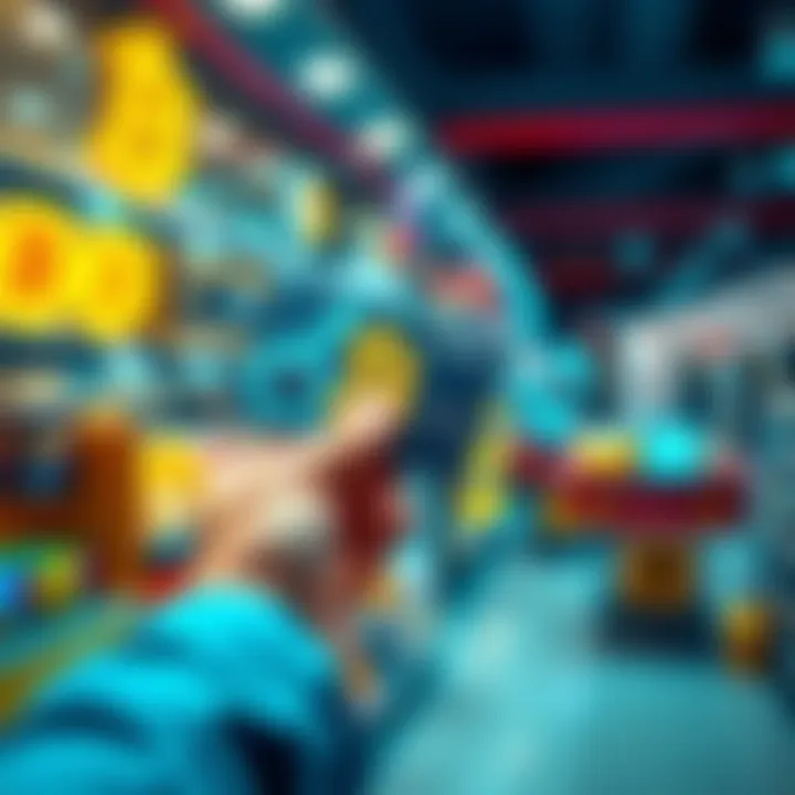 A person holding a crypto credit card while shopping, with Bitcoin and stablecoin symbols in the background.