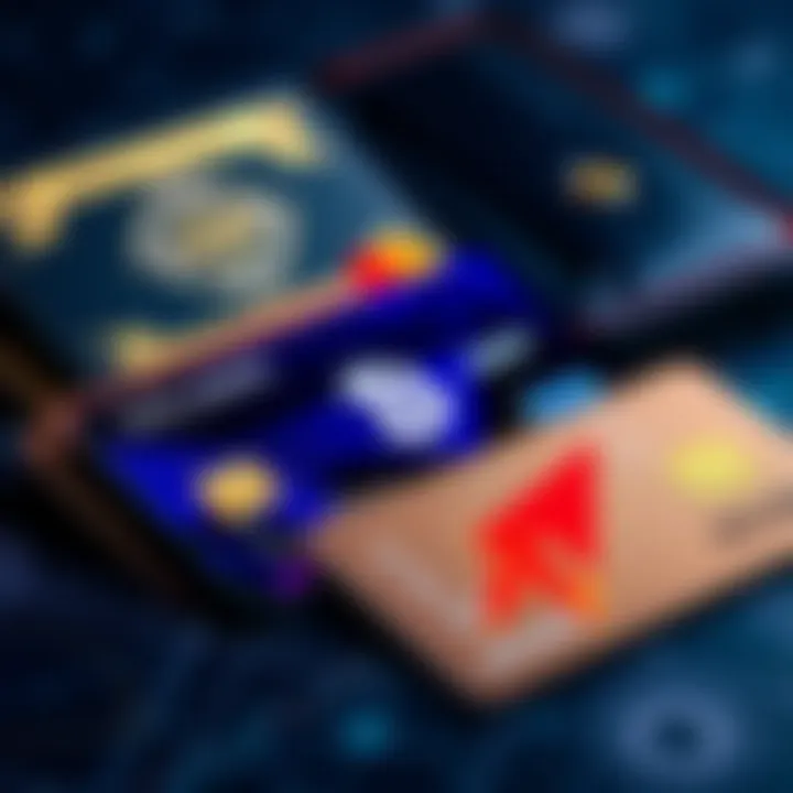 A collection of credit cards featuring cryptocurrency symbols like Solana, USDT, and BTC, with a digital wallet in the background.