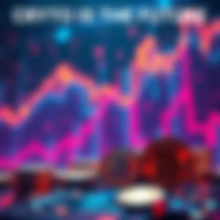 A graphic showing rising charts with digital coins in the foreground, symbolizing the growth of cryptocurrency.