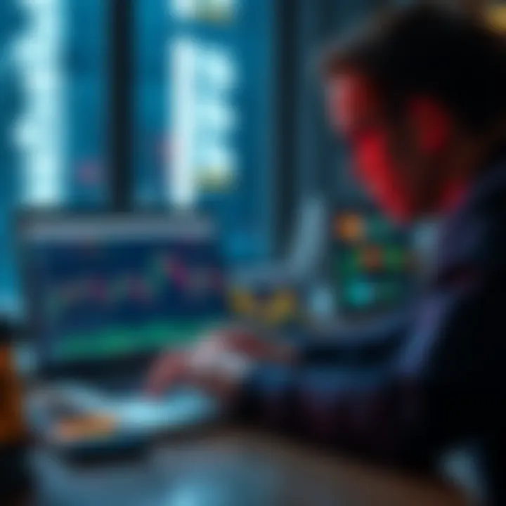 A person analyzing crypto charts on a laptop, illustrating daily trading profits with a $1000 investment.