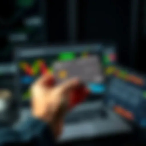 A person holding a crypto debit card in front of a laptop with financial graphs and a digital wallet app open, representing privacy in transactions