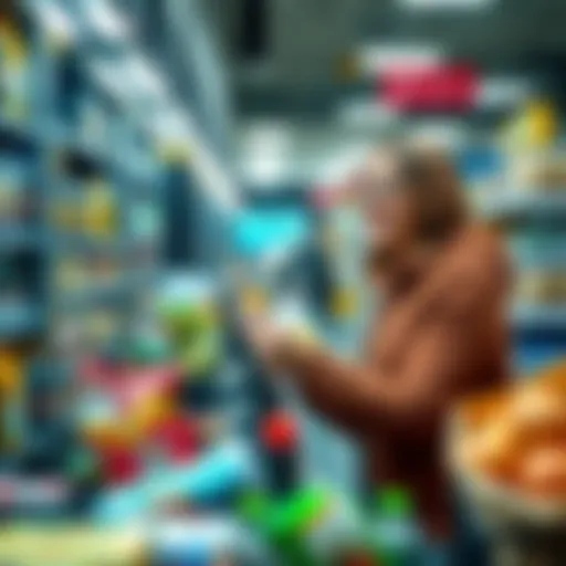 A person smiling while using a crypto debit card at a grocery store checkout, surrounded by everyday items.