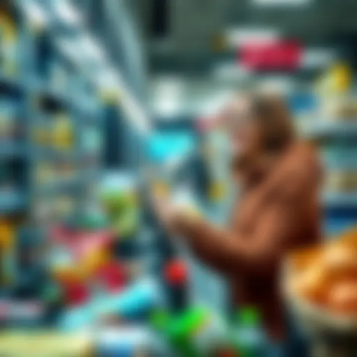 A person smiling while using a crypto debit card at a grocery store checkout, surrounded by everyday items.
