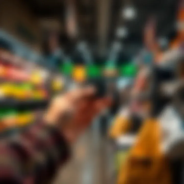 A person holds a crypto debit card while paying for groceries at the checkout