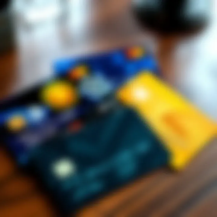 A collection of four crypto debit cards showing different designs and logos on a table.