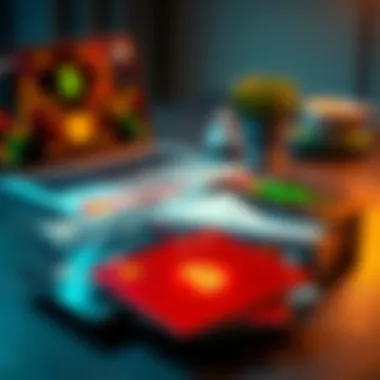 A variety of crypto debit cards displayed on a table with a laptop and digital currency icons in the background.