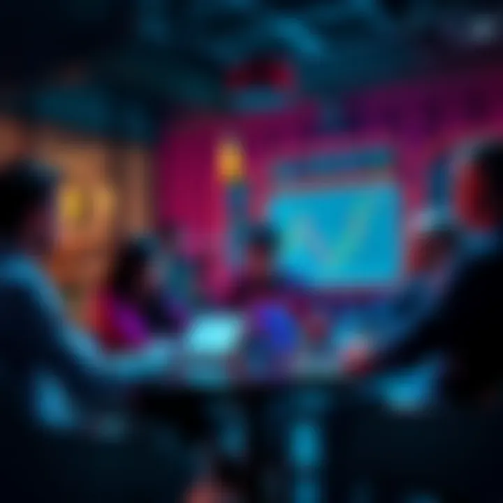 Crypto Discussion People discussing cryptocurrency with charts and laptops in a lively setting