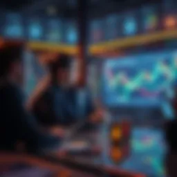 People engaging in a discussion about Ethereum, DeFi, and market trends with charts and graphs in the background