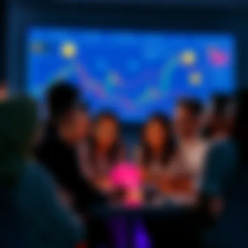 A group of diverse people engaging in a conversation about cryptocurrency, sharing insights and tips, with charts and digital coins displayed on a screen.