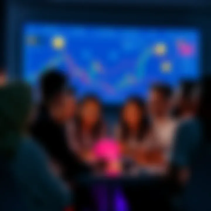 A group of diverse people engaging in a conversation about cryptocurrency, sharing insights and tips, with charts and digital coins displayed on a screen.