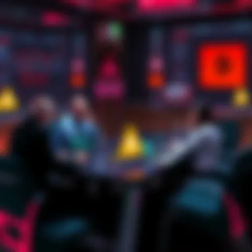 A group of people discussing cryptocurrency trading tips and safety protocols at a table with laptops and charts; warning signs against scams in the background.