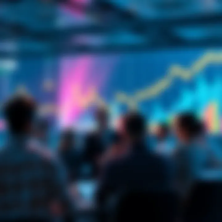 A group of people discussing cryptocurrency trends with charts and graphs in the background