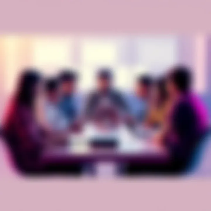 A group of people discussing cryptocurrency trends and insights around a table with laptops and tablets.