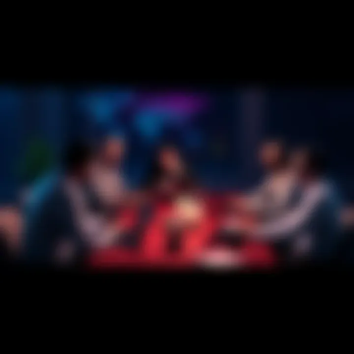 A group of people discussing cryptocurrency at a table with laptops and notes