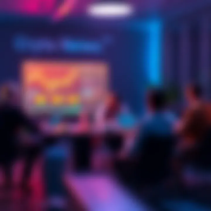 People discussing cryptocurrency trends with charts and laptops at a table