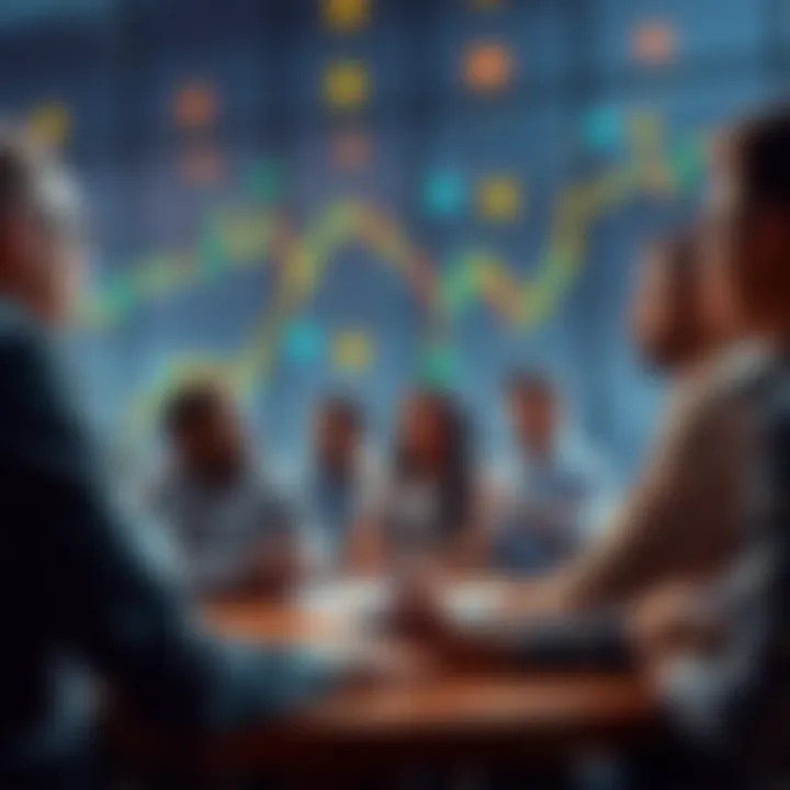 A diverse group of people engaged in a discussion about cryptocurrency, sharing insights and thoughts, with charts and digital currency symbols in the background.