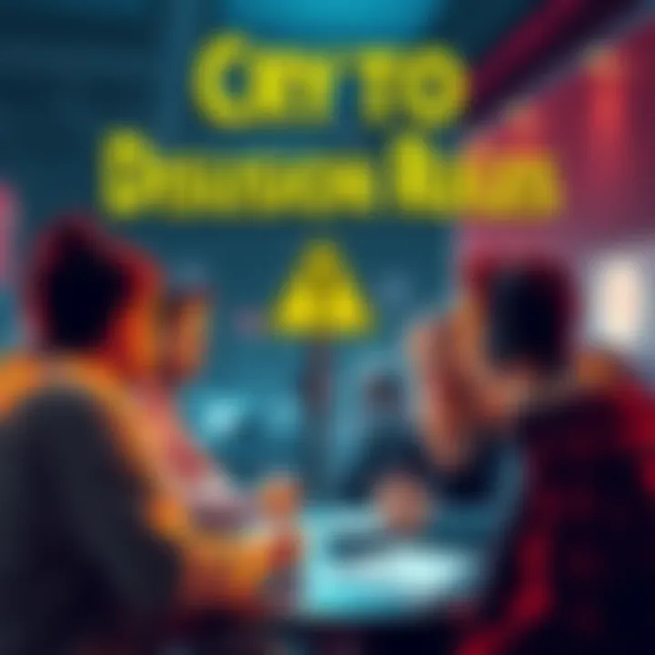 People engaging in a crypto discussion, focusing on rules and safety tips while trading. A visible warning sign about scams is highlighted.