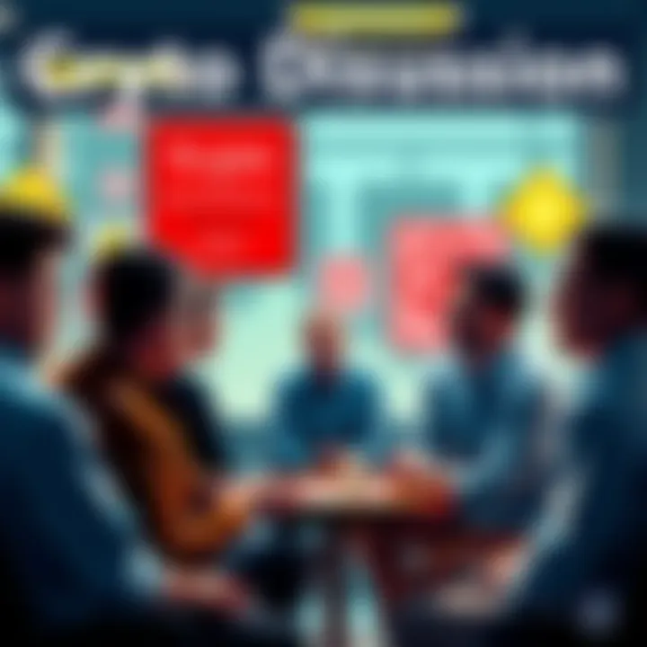 A group of people discussing cryptocurrency in a safe environment, with warning signs about scams in the background.