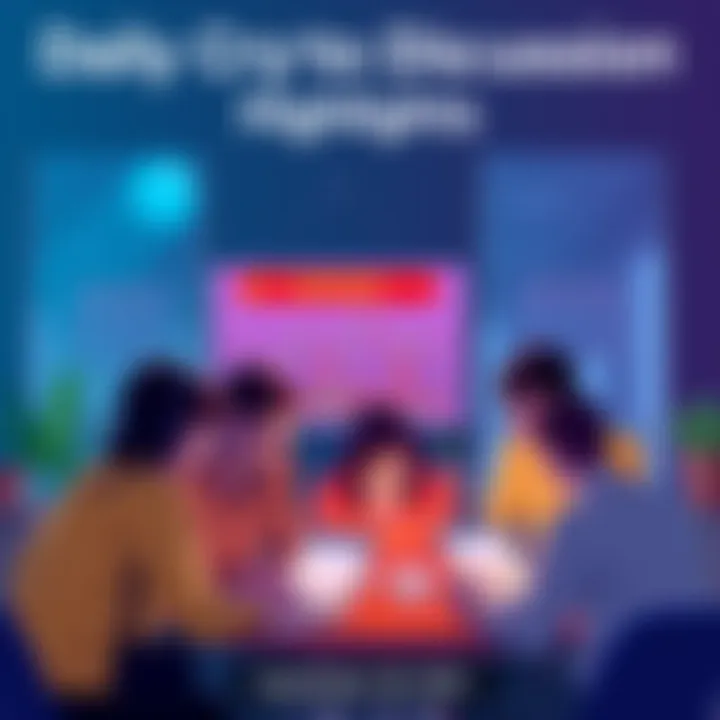 A group of people discussing cryptocurrency trading, looking at graphs and charts on laptops, with a warning sign in the background about scams and misinformation.