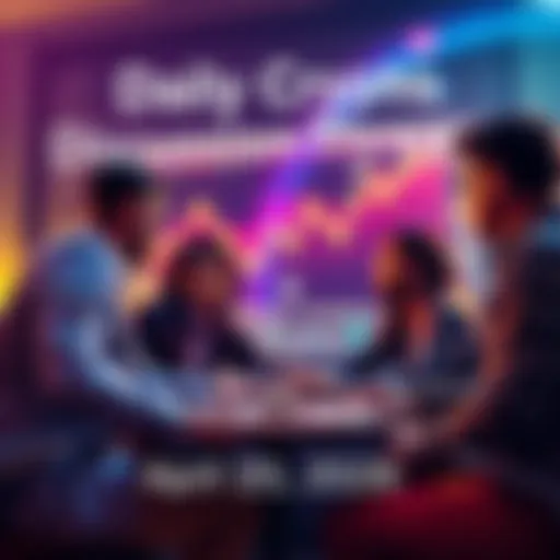 People engaging in a discussion about cryptocurrencies with charts and graphs in the background