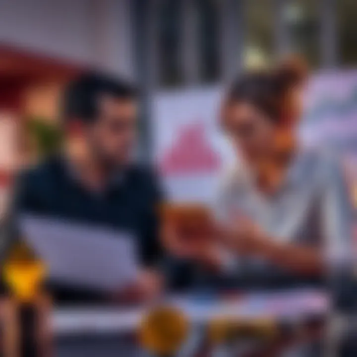 A couple discussing cryptocurrency values during a divorce settlement with charts and Bitcoin and Ethereum symbols present.