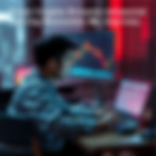Individual sitting at a desk with a laptop, showing concern while viewing a declining cryptocurrency graph on the screen