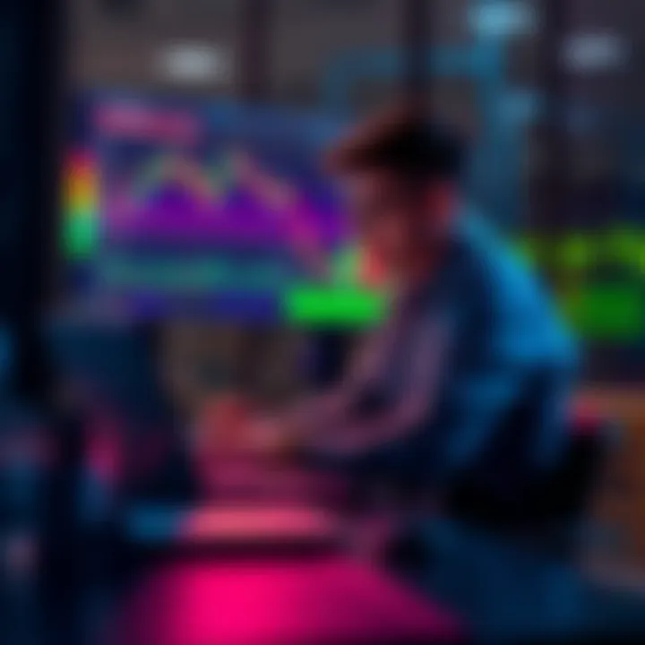 A person sitting at a desk with a laptop, looking at crypto market trends and graphs, considering investment education
