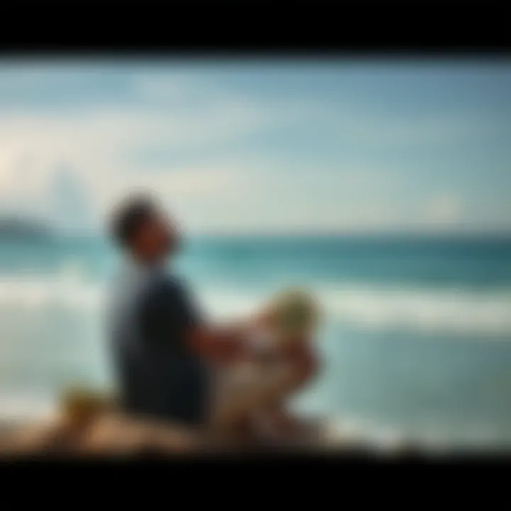 A young man sitting on a beach overlooking the ocean, looking pensive while holding a Bitcoin symbol, illustrating his thoughts on cryptocurrency in El Salvador.
