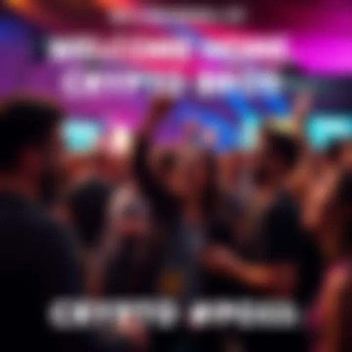 A group of people excitedly discussing cryptocurrency and digital currency trends at a lively event.