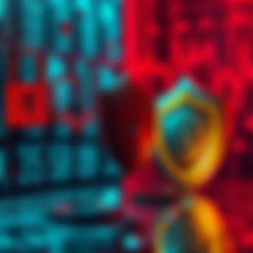 A visual representation of a cryptocurrency exchange being hacked, with digital locks and broken shields symbolizing security failures.