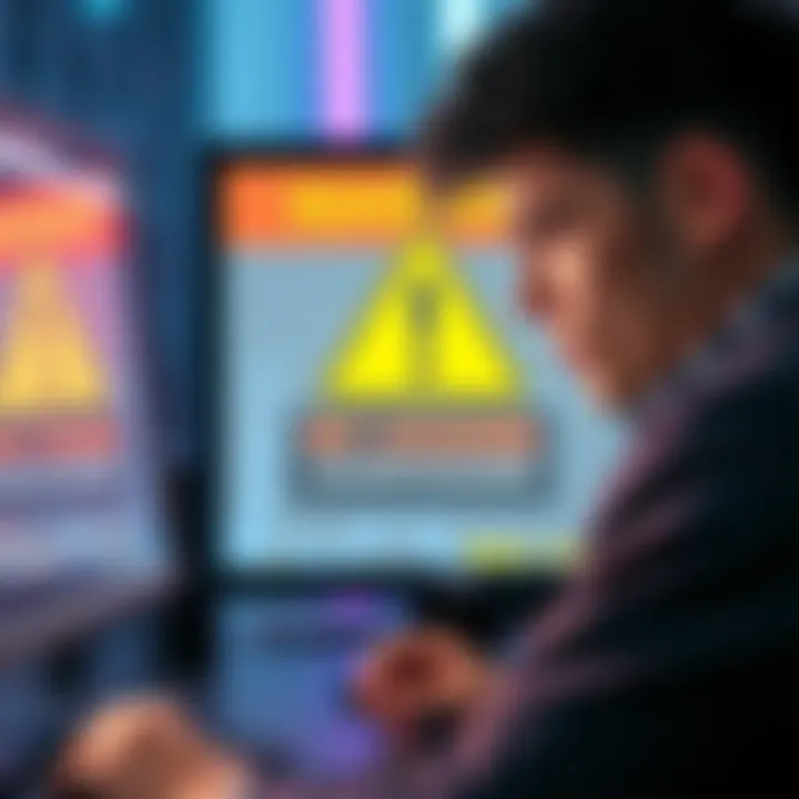 A concerned person looking at a computer screen displaying a crypto exchange warning message