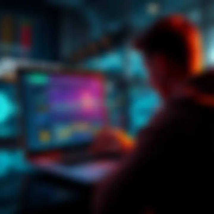 A person looking at various cryptocurrency exchange websites on a laptop with altcoin graphics on screen.