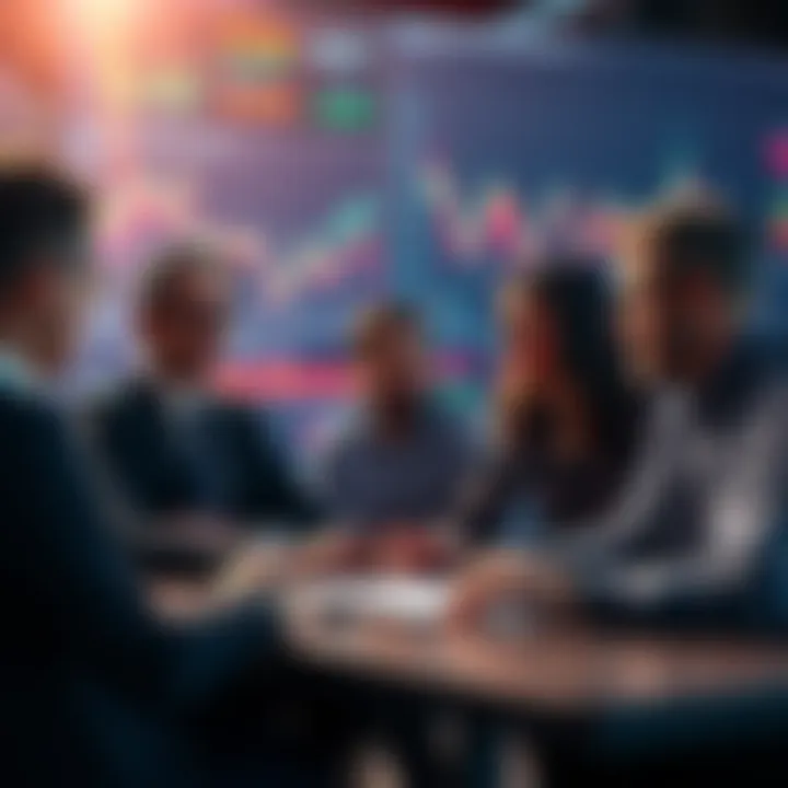 A diverse group of crypto experts engaged in discussion about artificial intelligence innovations, with digital screens showing data trends in the background.