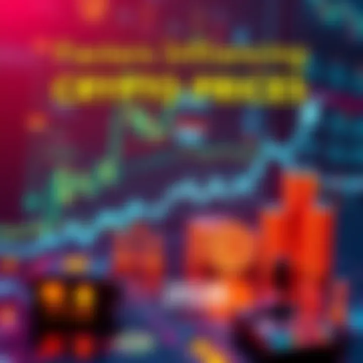 Three key factors represented by a graph showing rising cryptocurrency prices with market trends, regulations, and technology icons.