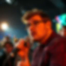 A prominent person in the crypto space holding a microphone, addressing a crowd with curious expressions.