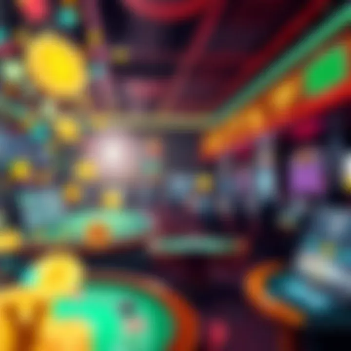 A vibrant casino scene filled with digital currency symbols and people engaging in high-stakes games, representing the merging of finance and gambling through cryptocurrencies.