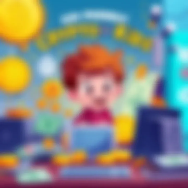 A colorful children's book cover featuring a cartoon child surrounded by Bitcoin coins, dollar bills, and a computer, illustrating digital money concepts.