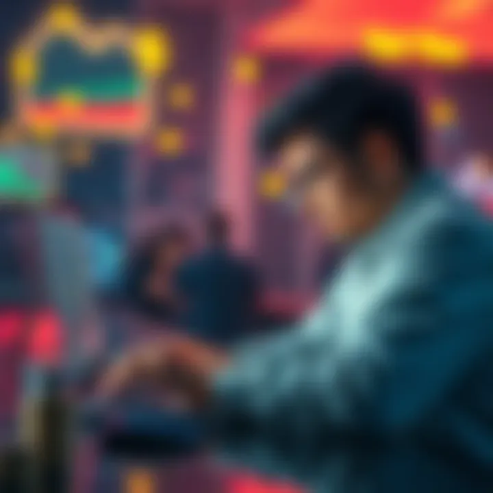 Crypto gambling losses A person looking frustrated while checking their crypto betting results on a laptop, with dollar signs and fees displayed on the screen.