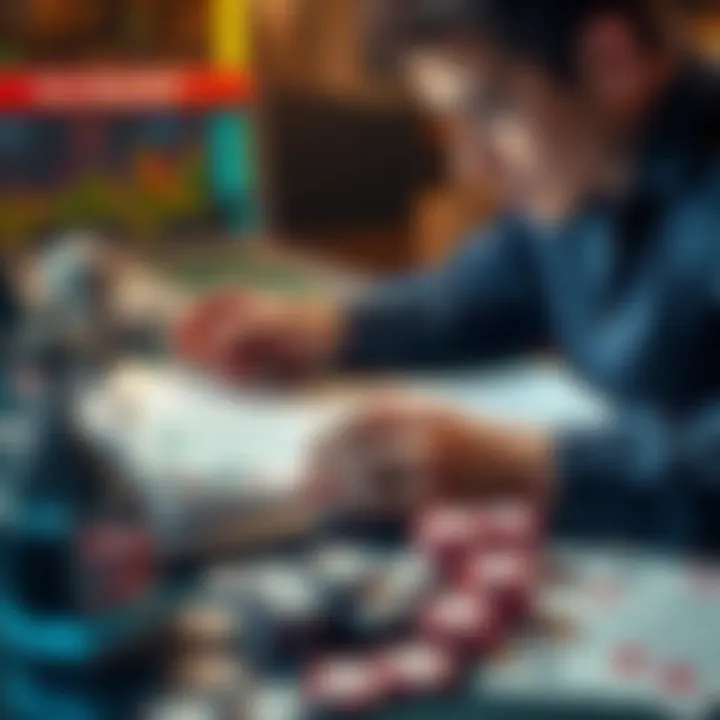 A person analyzing financial documents and cryptocurrency on a laptop while surrounded by casino chips and playing cards