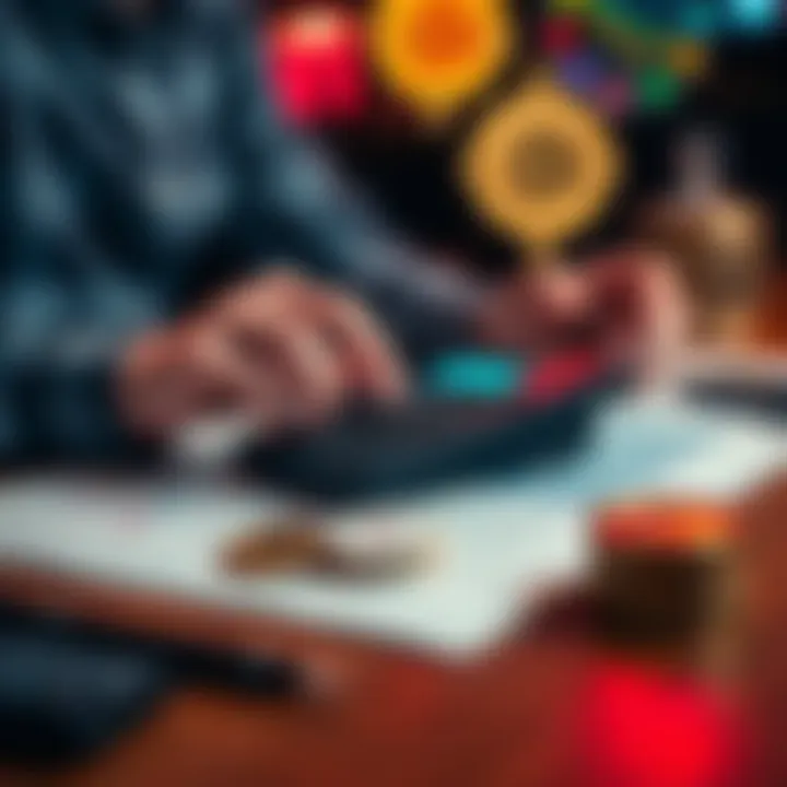 A person calculating taxes on cryptocurrency gambling losses with a calculator and documents on a table