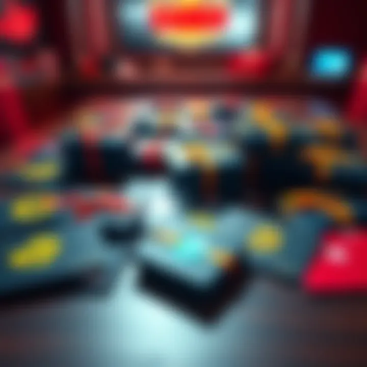 Crypto gift cards on a table Array of gift cards labeled with cryptocurrency symbols placed on a table, illustrating the concept of using crypto for gift card purchases