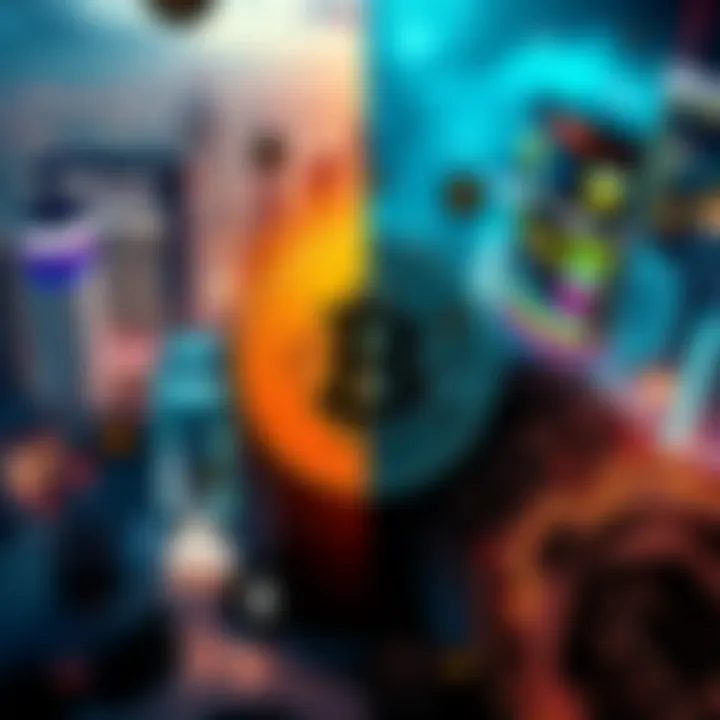 Crypto Growth and Values A split image showing a bustling city with digital currency symbols and a faded vision of early cryptocurrency ideals like a mining rig and a digital ledger.