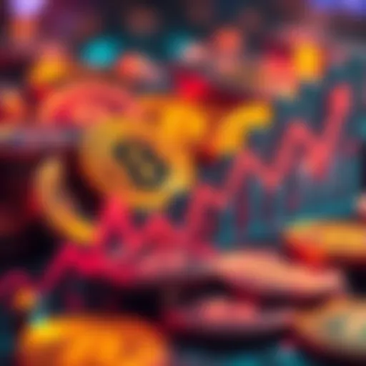 Graph showing upward trends in the crypto market with coins in the background.