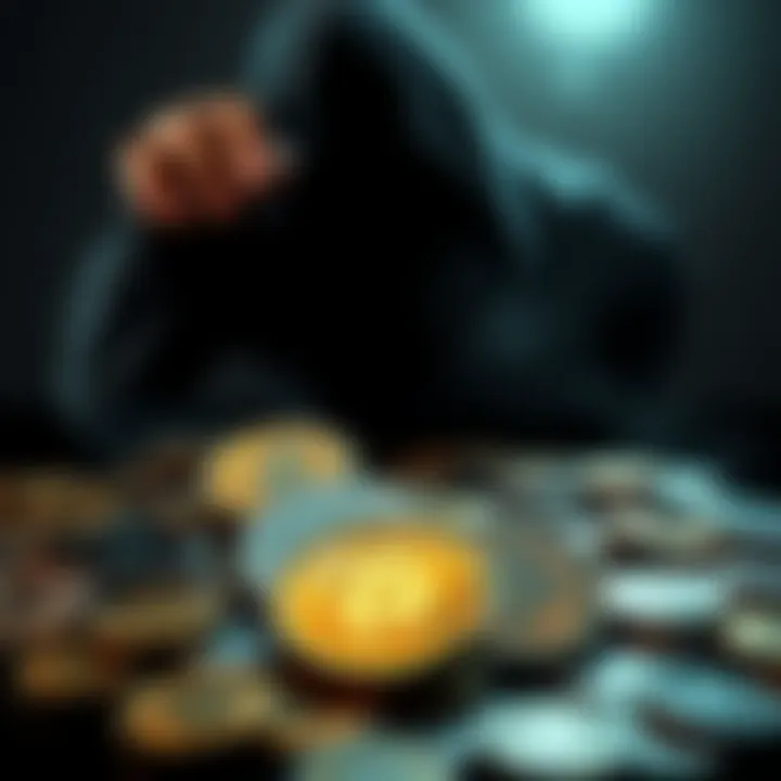 A representation of stolen cryptocurrency with coins disappearing into shadows