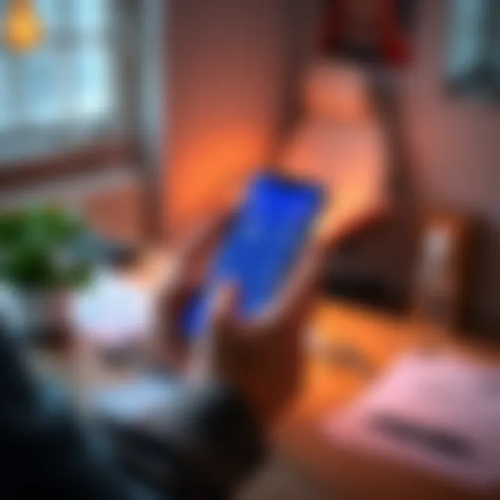 Crypto Holding Concept A person holding a smartphone displaying cryptocurrency values while sitting at a desk with financial documents and a plant nearby.