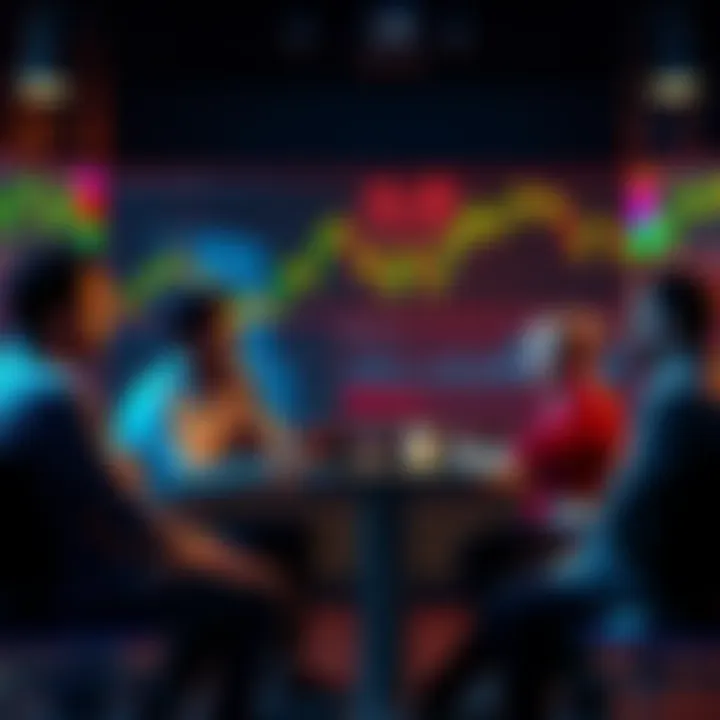 A group of people discussing paid crypto indicators and signals in a casual setting, with charts and graphs in the background.